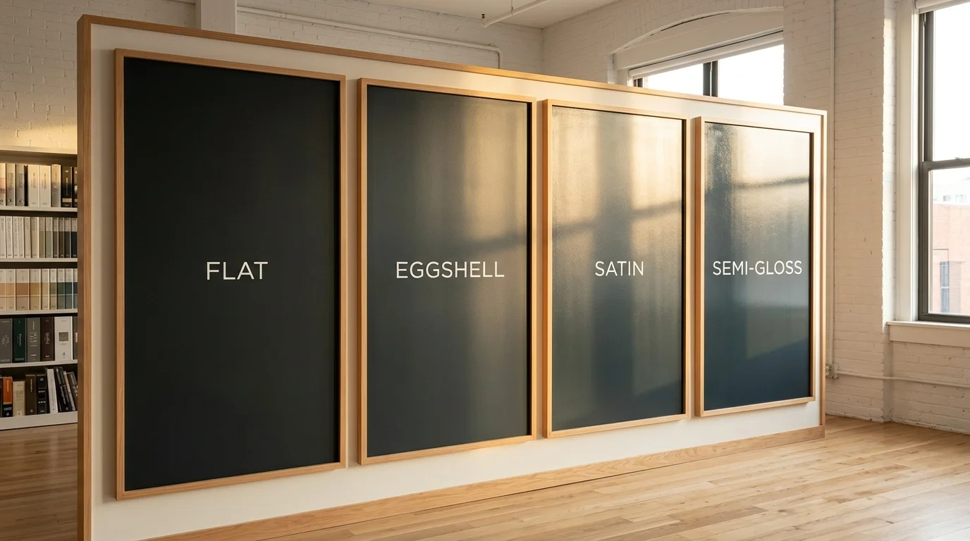 Interior architectural display comparing four paint sheen levels from Flat to Semi-Gloss on vertical panels