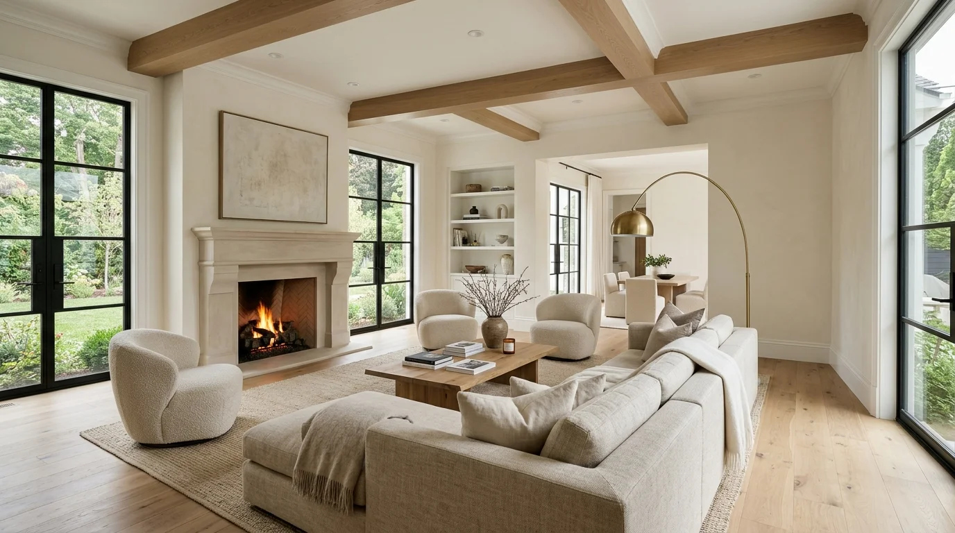 Warm modern living room painted in Sherwin-Williams Alabaster SW 7008 with Pure White trim