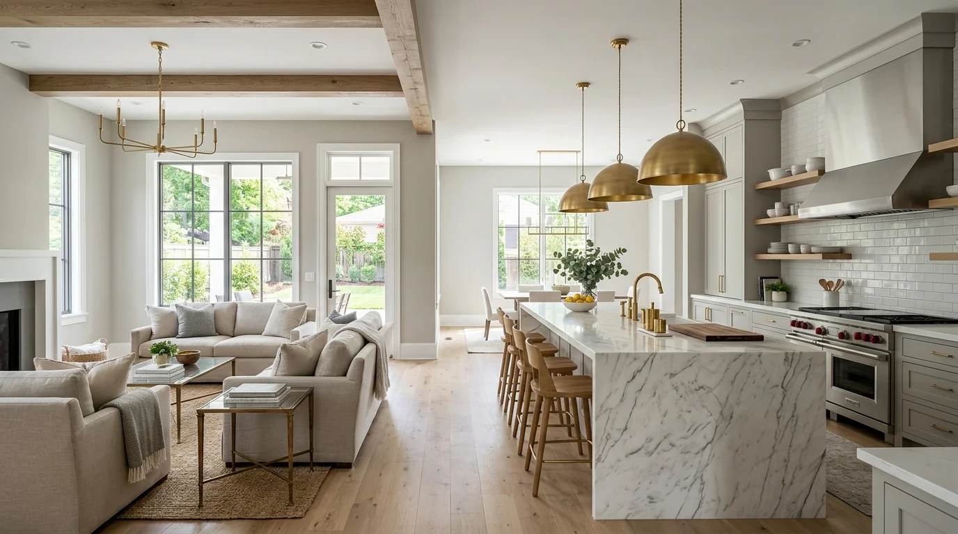 Modern kitchen and living room painted in Sherwin-Williams Repose Gray SW 7015 with Pure White trim